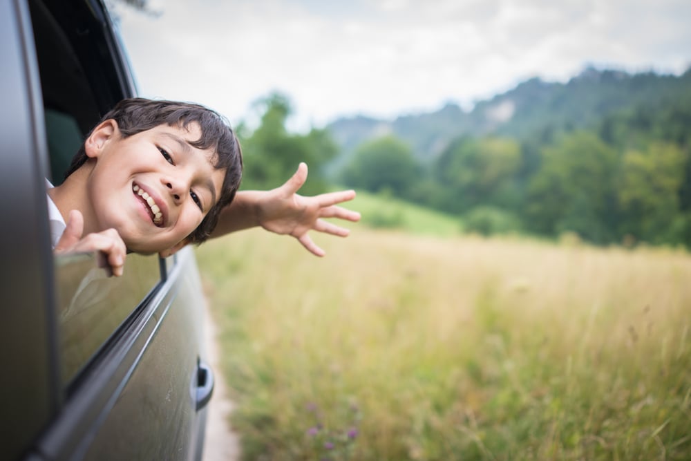Happy kids travel by the car